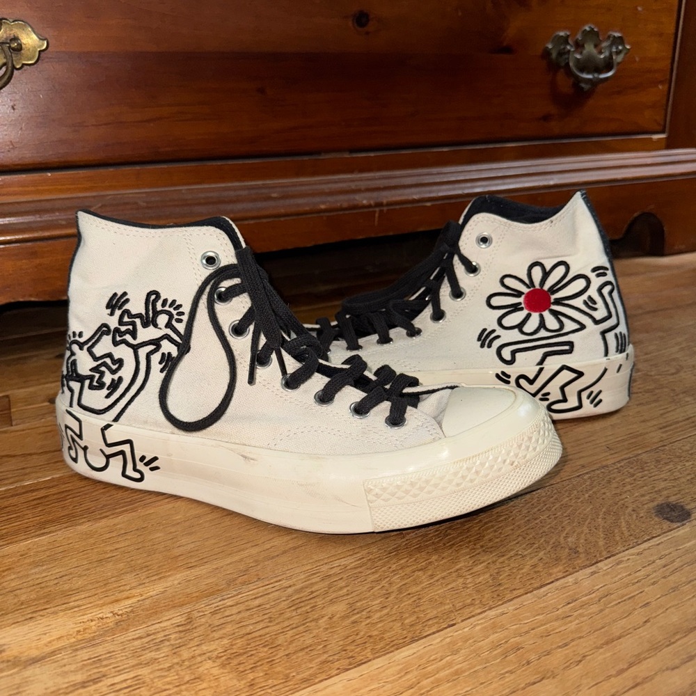 White High-Top Sneakers with Black Art from Keith Haring